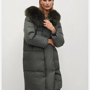 Mango Olive Puffer Jacket with Faux Fur Collar